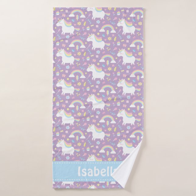 Cute Unicorn Rainbow Girls Purple Personalised Bath Towel (Bath Towel)