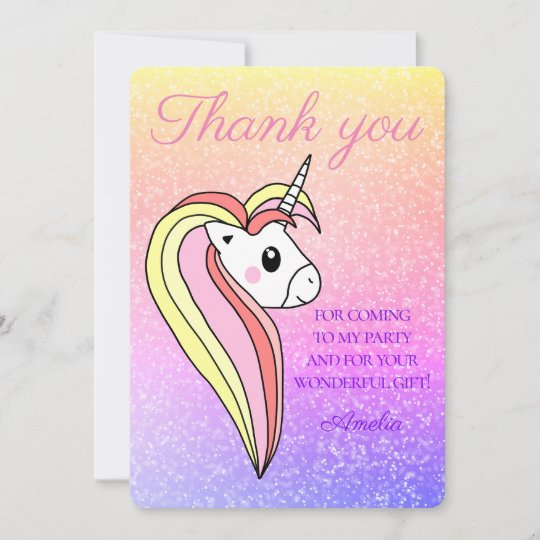 cute unicorn rainbow girly kids birthday thank you card zazzlecouk