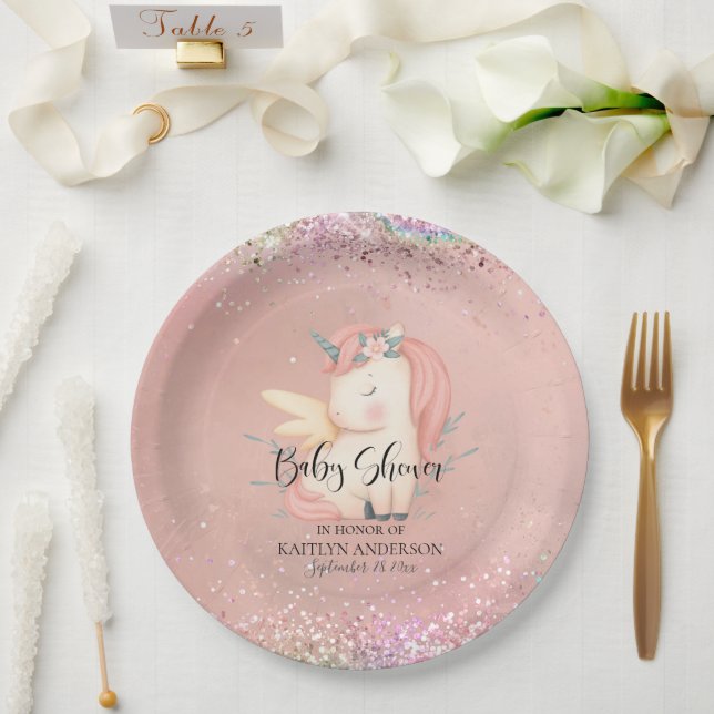 Cute Unicorn Rainbow Glitter Girl Baby Shower Paper Plate (Wedding)