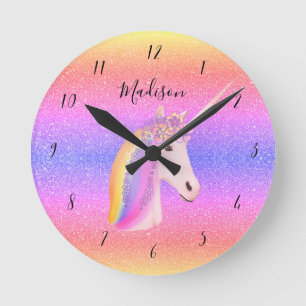 Cute Unicorn Rainbow Glitter Girls Personalised Round Clock