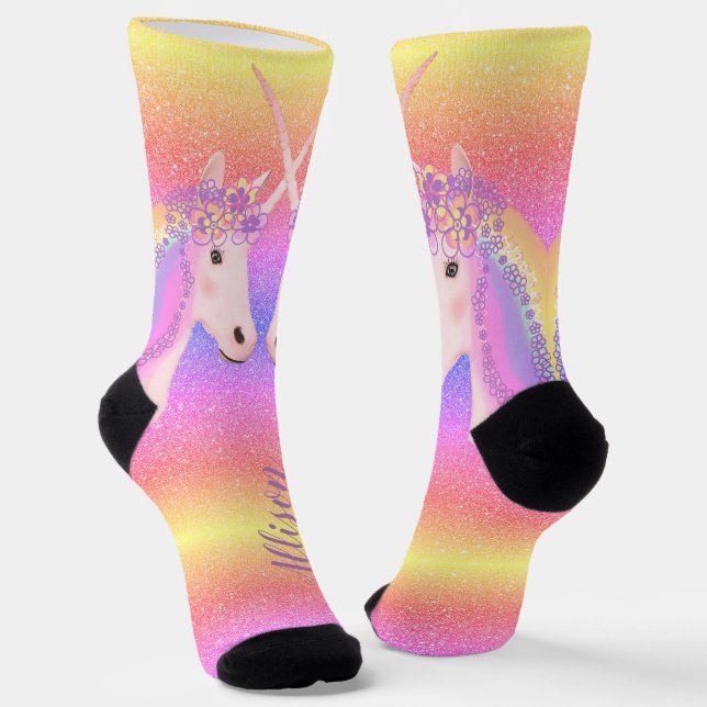 Cute Unicorn Rainbow Glitter Personalised Socks (Angled)