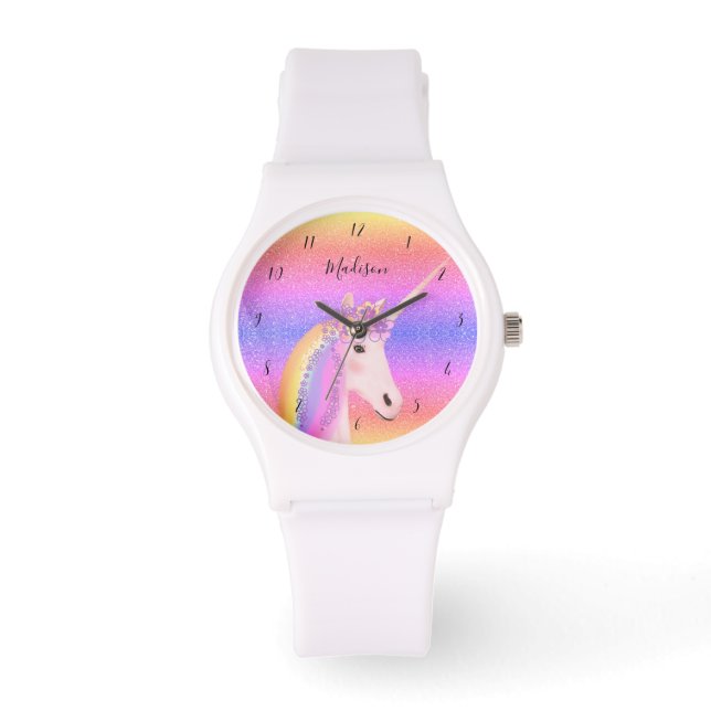 Cute Unicorn Rainbow Glitter Trendy Monogram Watch (Front)