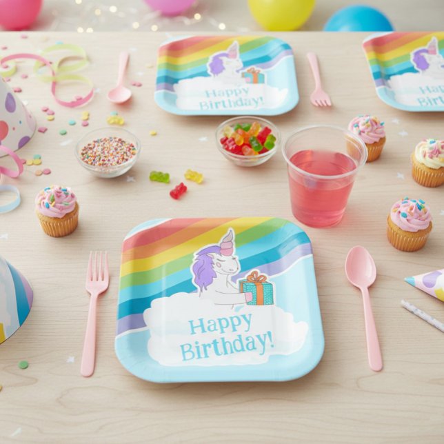 Cute Unicorn Rainbow Happy Birthday Paper Plate (Creator Uploaded)