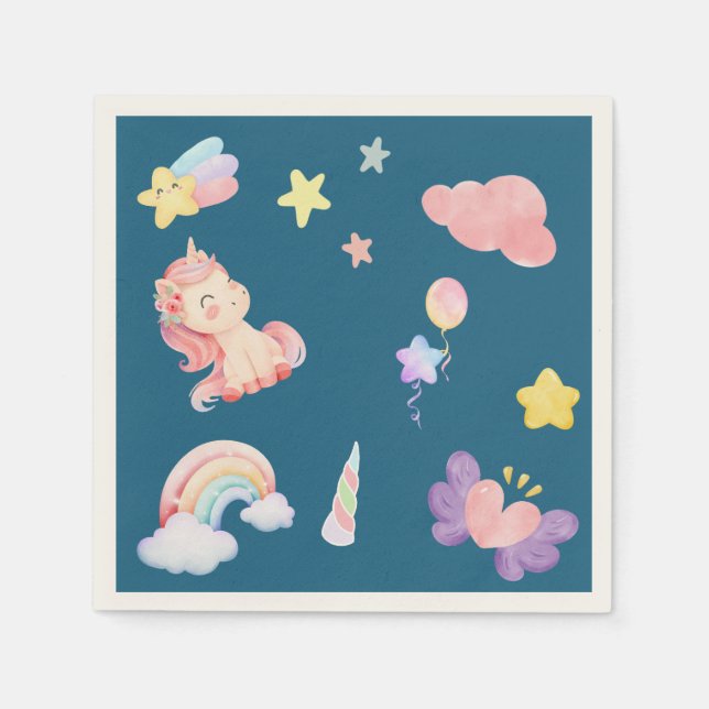 Cute Unicorn Rainbow heart balloon star pattern Napkin (Front)
