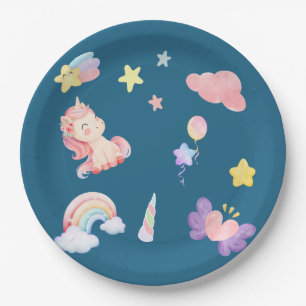 Cute Unicorn Rainbow heart balloon star pattern Paper Plate