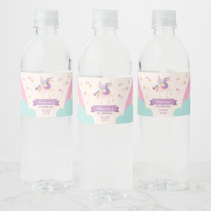 Cute Unicorn Rainbow Pastel Birthday Water Bottle Label