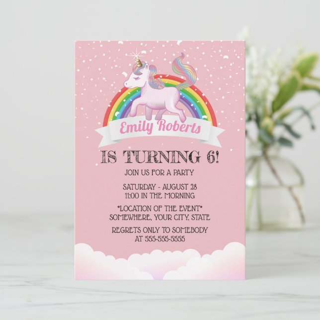 Cute Unicorn & Rainbow Pink Birthday Party Invitation (Standing Front)