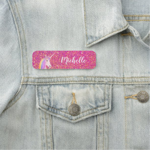 Cute Unicorn Rainbow Pink Glitter Personalised  Name Tag