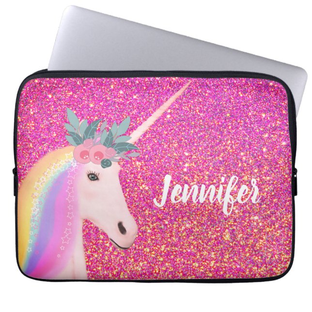 Cute Unicorn Rainbow Pink Glitter Sparkle Fantasy Laptop Sleeve (Front)