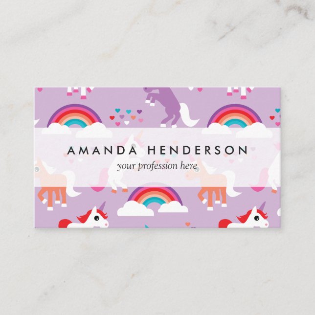 Cute Unicorn Rainbow Purple Business Card (Front)