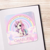 Cute Unicorn Rainbow School Bookplate Name