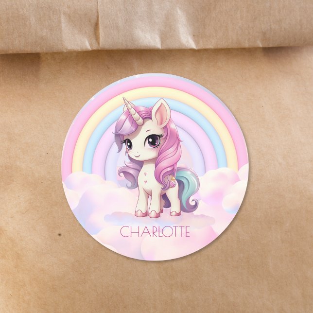 Cute Unicorn Rainbow School Personalised Name Classic Round Sticker (Creator Uploaded)