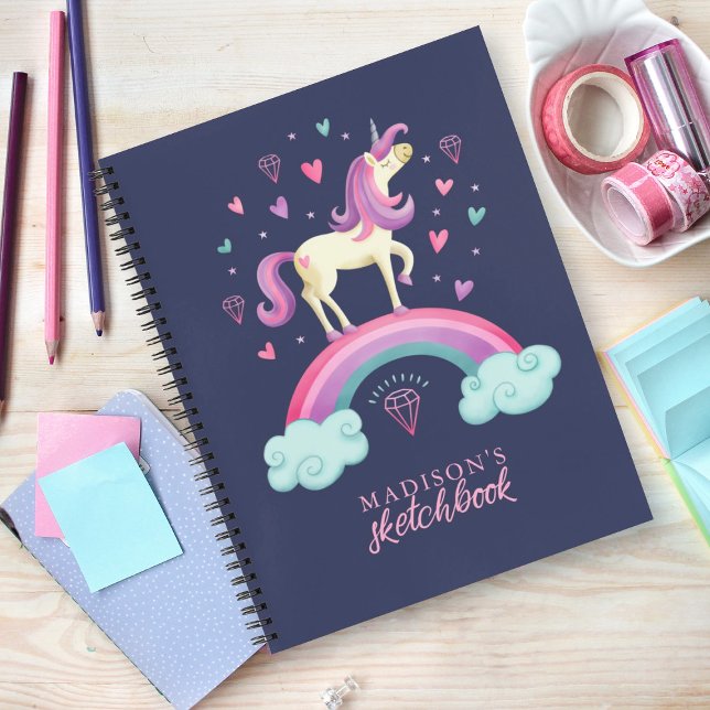 Cute Unicorn Rainbow Sketchbook Notebook (A cute magical unicorn Sketchbook. Personalize it with your name.)