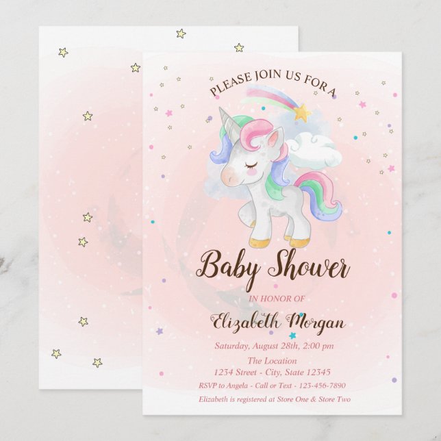 Cute Unicorn,Rainbow, Stars Baby Shower Invitation (Front/Back)