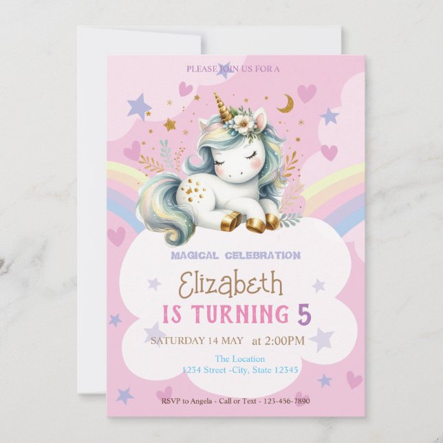 Cute Unicorn Rainbow Stars Hearts Birthday Invitation (Front)