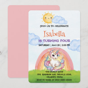 Cute unicorn rainbow sun sky Birthday Party Invitation