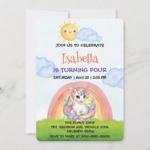 Cute unicorn rainbow sun sky Birthday Party Invitation