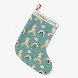 Cute Unicorn Rainbows Teal Green Personalised Name Small Christmas Stocking