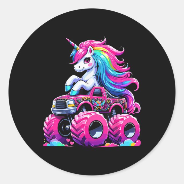 Cute Unicorn Riding Monster Truck  Classic Round Sticker (Front)
