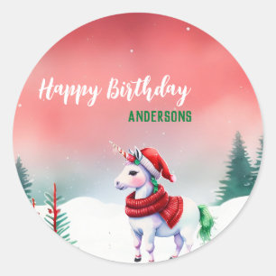 Cute unicorn Santa Christmas birthday snow party Classic Round Sticker