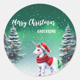 Cute unicorn Santa Christmas birthday snow party Classic Round Sticker