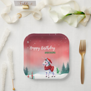 Cute unicorn Santa Christmas birthday snow party Paper Plate