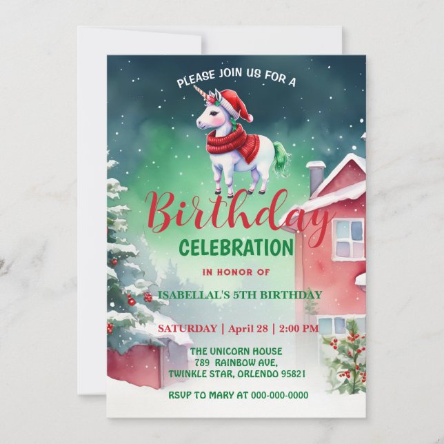 Cute unicorn Santa Christmas birthday snow party Save The Date (Front)