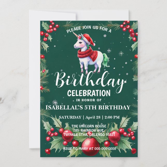 Cute unicorn Santa Christmas birthday snow party Save The Date (Front)