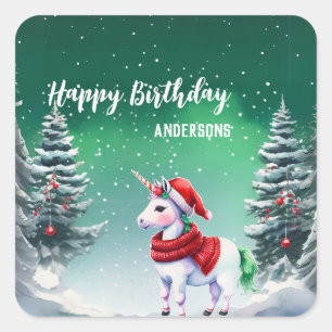 Cute unicorn Santa Christmas birthday snow party Square Sticker