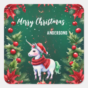 Cute unicorn Santa Christmas birthday snow party Square Sticker