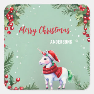 Cute unicorn Santa Christmas birthday snow party Square Sticker