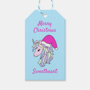 Cute Unicorn Santa Girls Pink Christmas Gift Tags