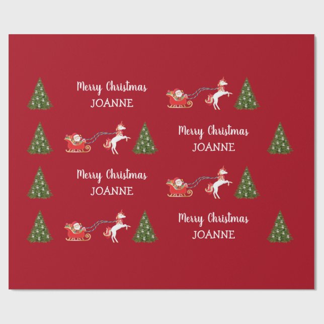 Cute Unicorn Santa Personalised Name Christmas Wrapping Paper (Flat)