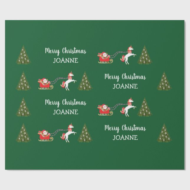 Cute Unicorn Santa Personalised Name Christmas Wrapping Paper (Flat)