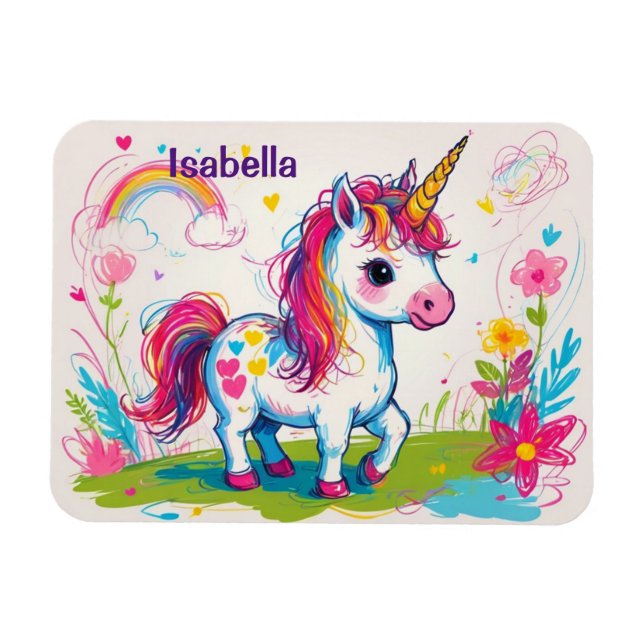 Cute Unicorn Scribbles With Name Kids Magnet (Horizontal)