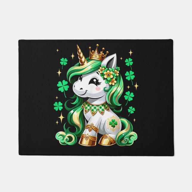 Cute Unicorn Shamrock St Patricks Day Doormat (Front)
