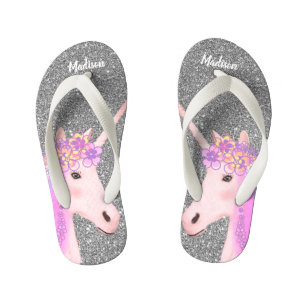 Cute Unicorn Silver Glitter Girls Personalised Kid's Flip Flops