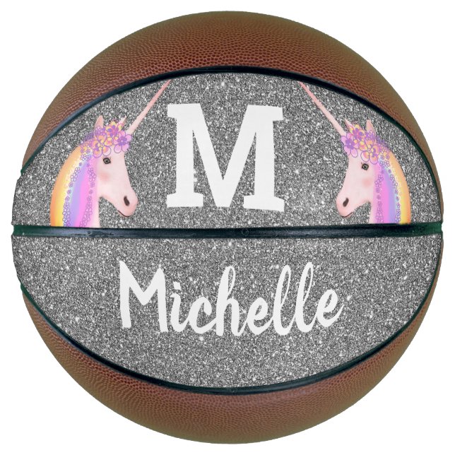Cute Unicorn Silver Glitter Kids Personalised Basketball (Front)