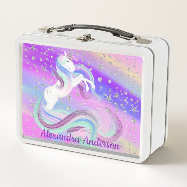 Cute Unicorn Silver Stars School Metal Lunch Box (Front)