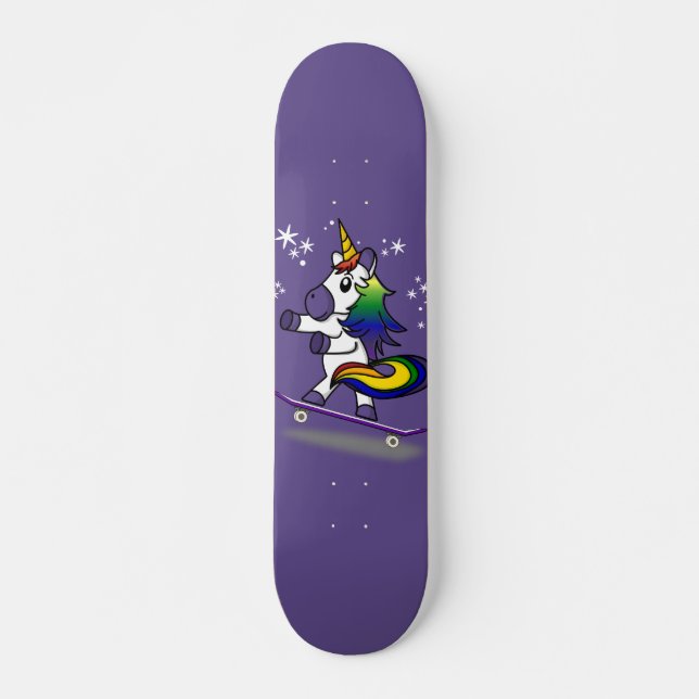 Cute Unicorn Skateboarding Rainbow Cartoon Purple Skateboard (Front)
