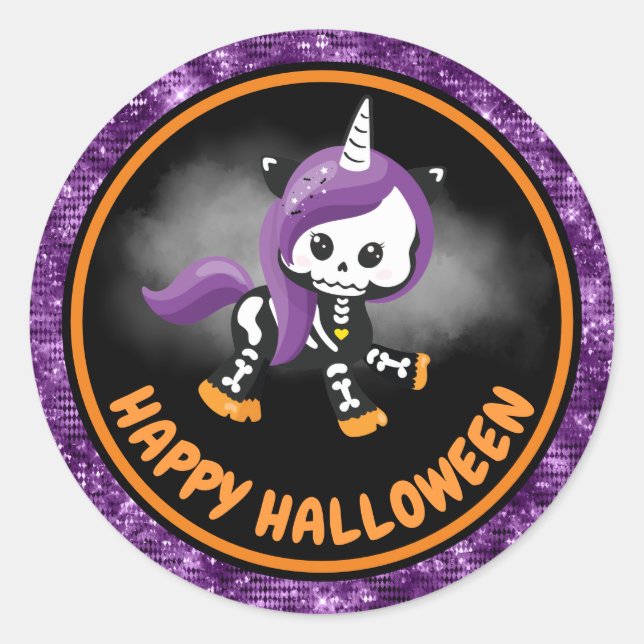 Cute Unicorn Skeleton & Purple Glitter Halloween Classic Round Sticker (Front)
