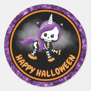 Cute Unicorn Skeleton & Purple Glitter Halloween Classic Round Sticker