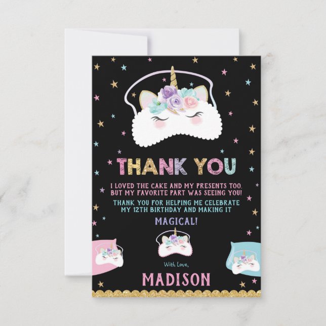 Cute Unicorn Sleep Mask Slumber Sleepover Party Thank You Card (Front)