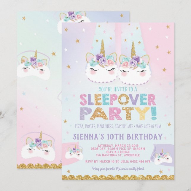 Cute Unicorn Sleepover Birthday Party Invitation (Front/Back)