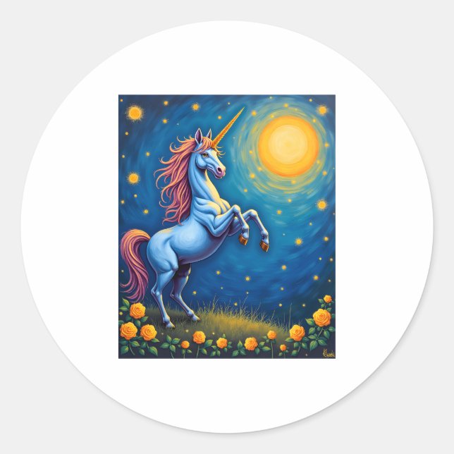 Cute Unicorn Starry Night (4) Classic Round Sticker (Front)