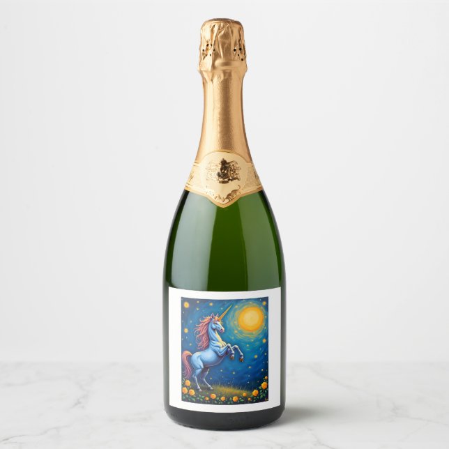 Cute Unicorn Starry Night (4) Sparkling Wine Label (Front)