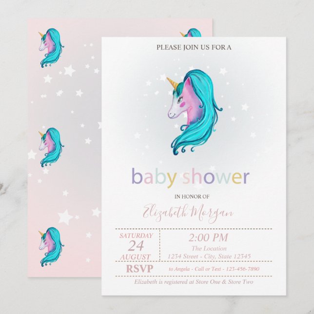 Cute Unicorn Stars Baby Shower Invitation (Front/Back)