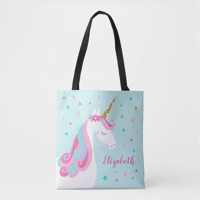 Cute Unicorn Stars Glitter Aqua Tote Bag (Front)