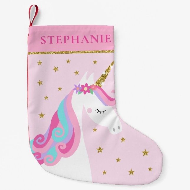 Cute Unicorn Stars Glitter Pink Small Christmas Stocking (Front)