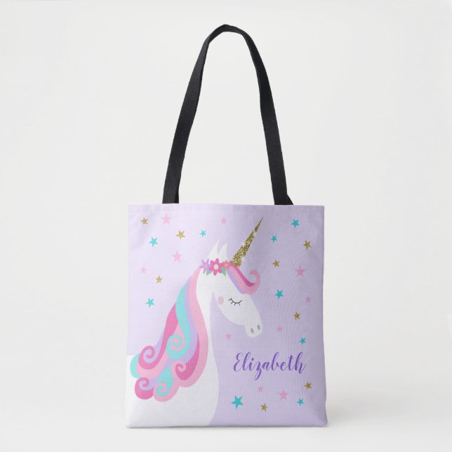Cute Unicorn Stars Glitter Purple Tote Bag (Front)